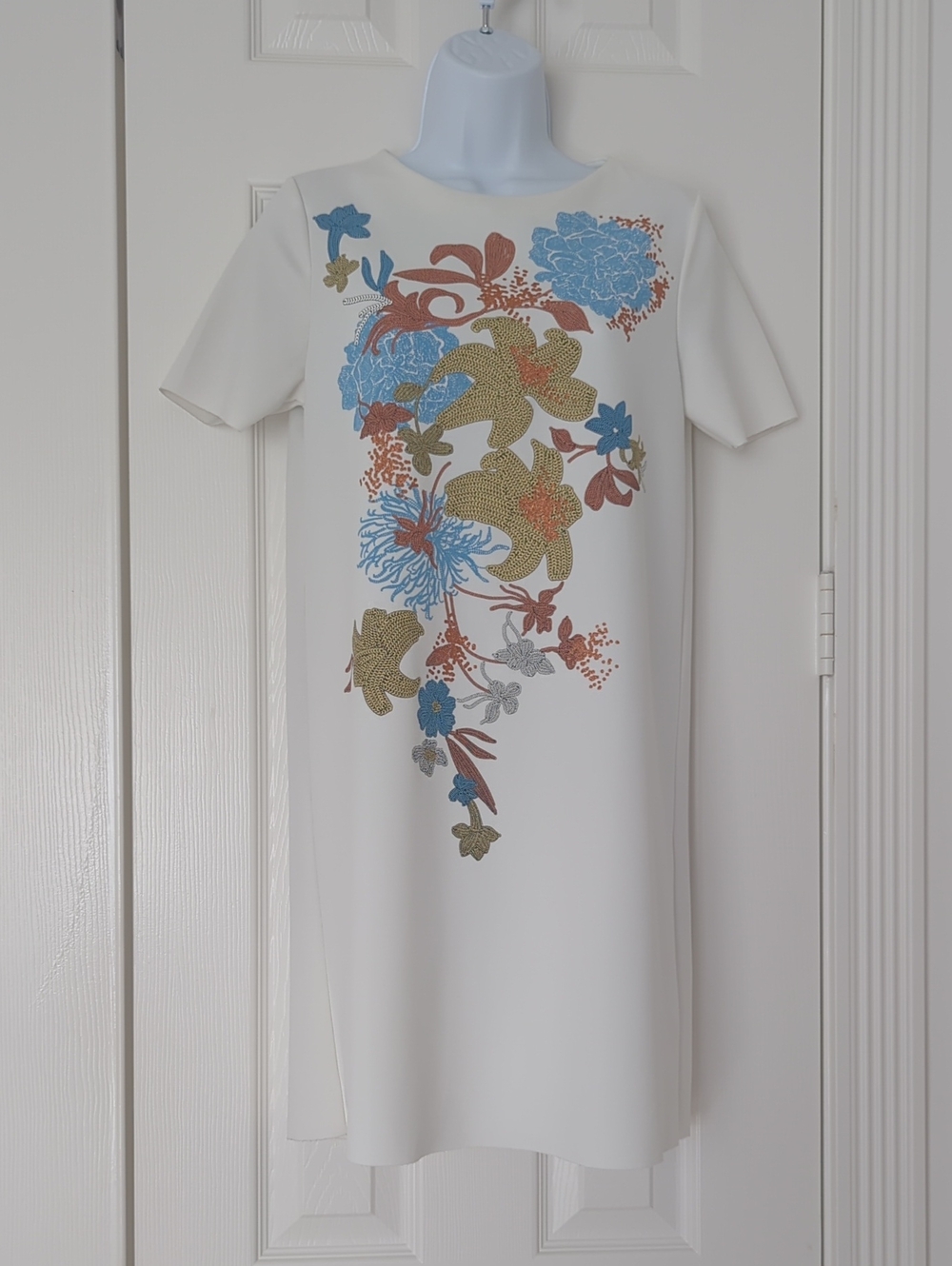 Zara Cream Shift Dress with Blue and Gold Floral Print